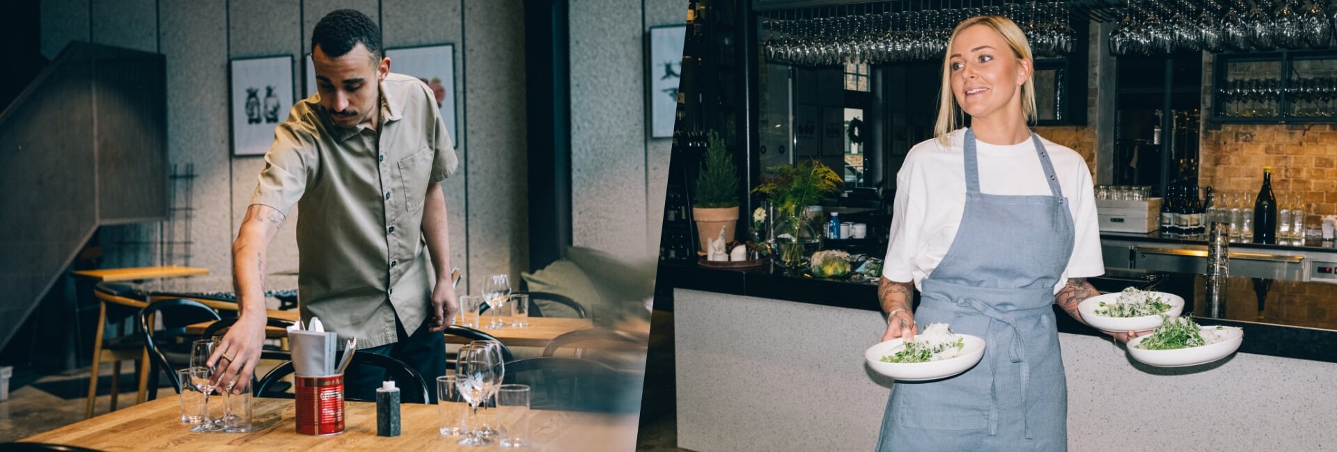 Tvådelad bild med restaurangmiljö. Till vänster dukar en person ett bord i matsalen. Till höger serverar en person mat och bär ett förkläde i ljusblått linnetyg.